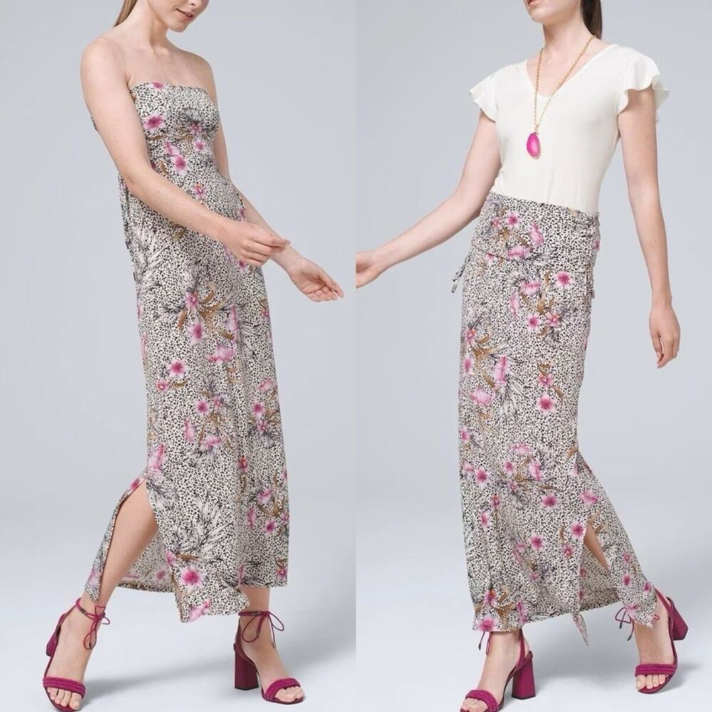 White House Black Market Convertible Maxi Dress Skirt Cheetah Animal Floral Medi